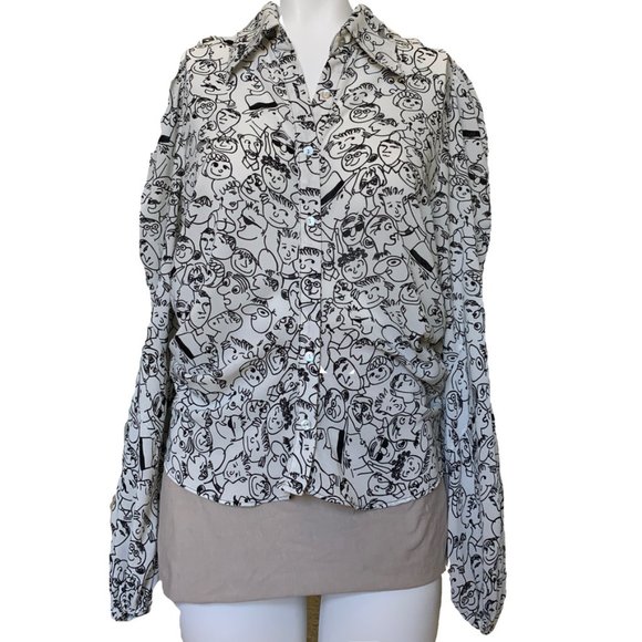 Vintage Button Down Carina Multi-Detail Blouse w/ Cartoon Line Art People Print - Picture 1 of 15